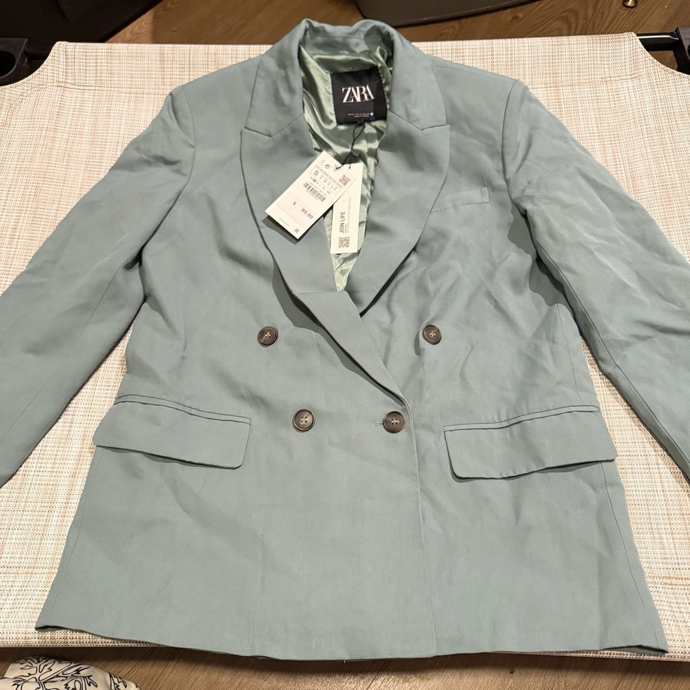 ZARA Oversized Double Breasted Sage Green SMALL Office Blazer Longline Straight